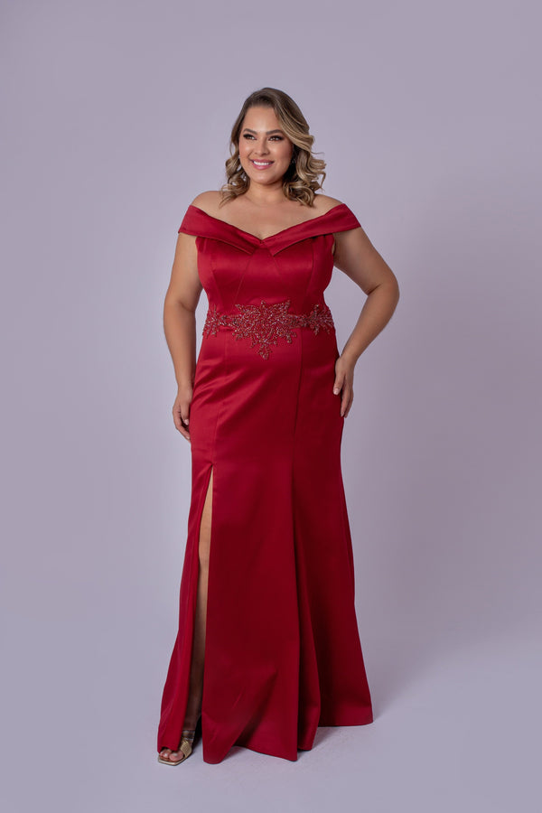 VESTIDO LONGO CETIM BORDADO MARSALA