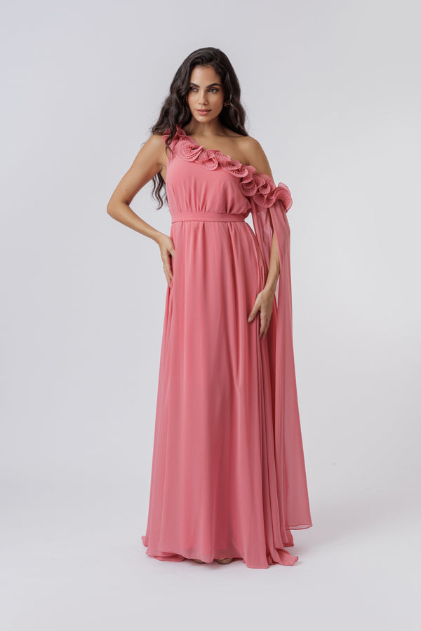 VESTIDO LONGO DETALHE DECOTE E MANGA ROSA