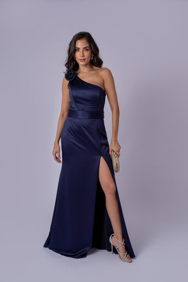 VESTIDO LONGO COM DETALHE FLOR MARINHO