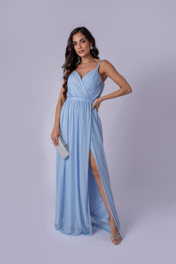 VESTIDO LONGO TULE BUSTO/SAIA FRANZIDA AZUL