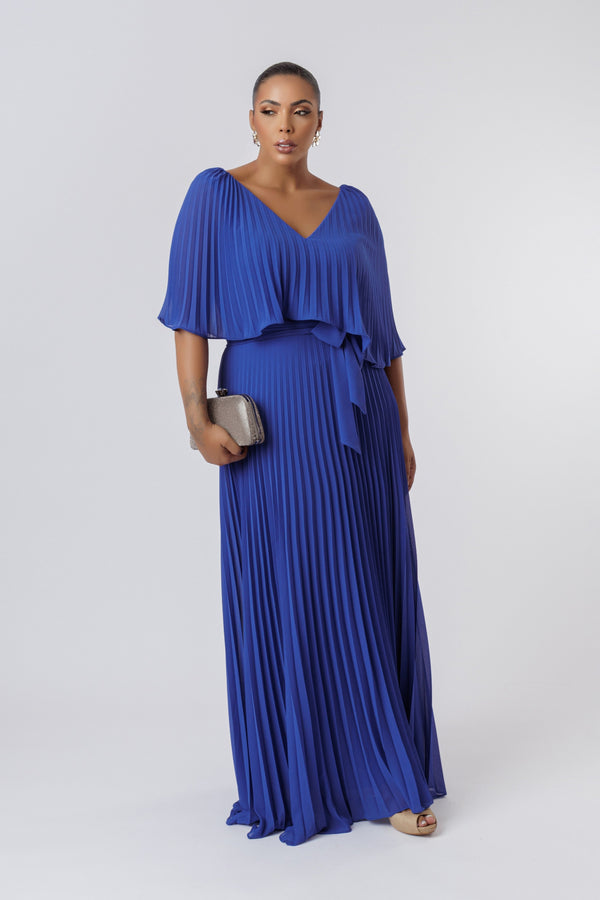 VESTIDO LONGO  CAPA PLISSADA AZUL