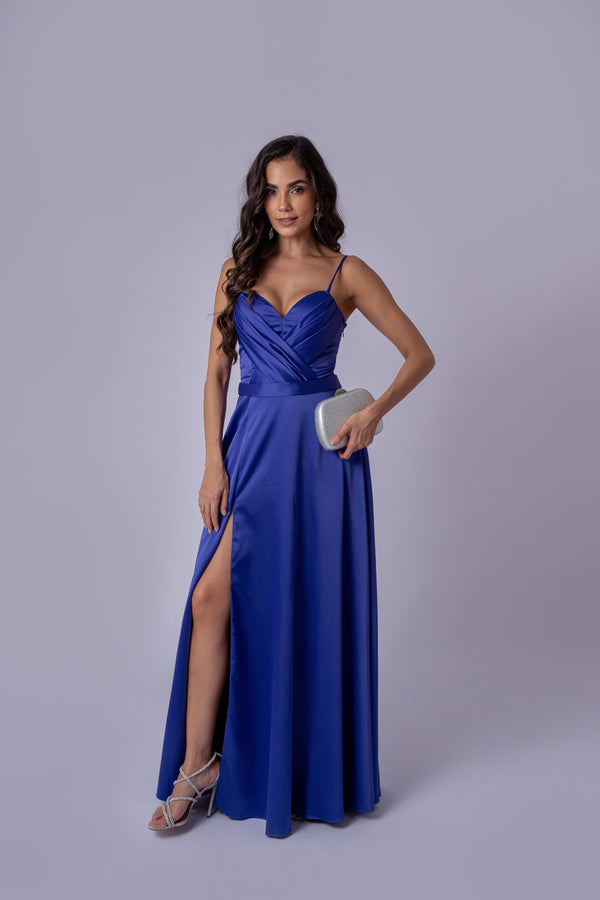 VESTIDO LONGO CETIM COM ALÇA AZUL
