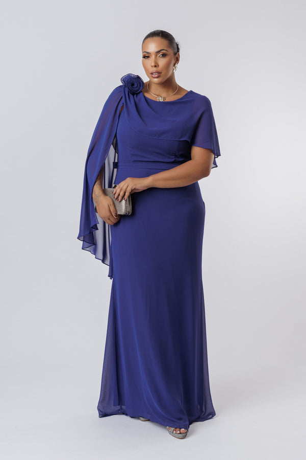 VESTIDO LONGO CHIFFON CAPA FLOR AZUL ESCURO