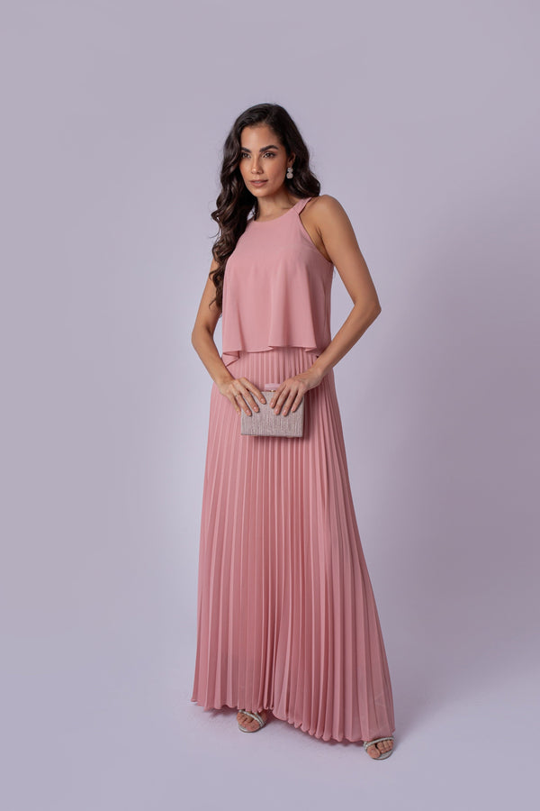 VESTIDO LONGO SAIA PLISSADA C/ CAPA 