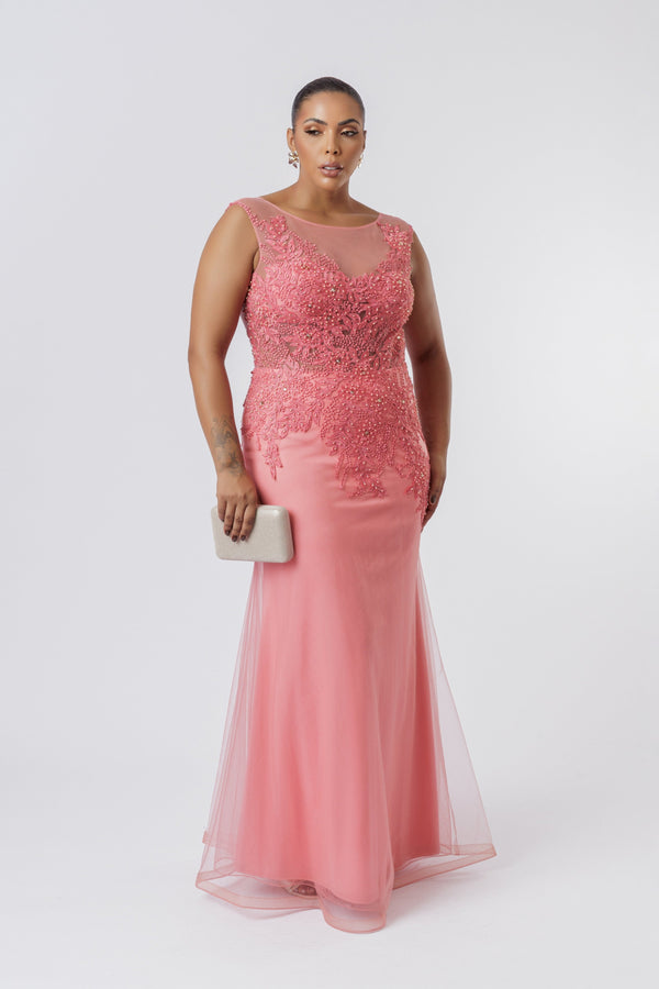 VESTIDO LONGO DE TULE BORDADO ROSE