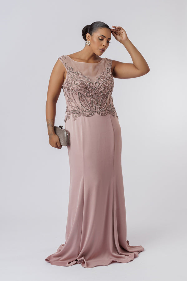 VESTIDO LONGO BORDADO CETIM ROSA