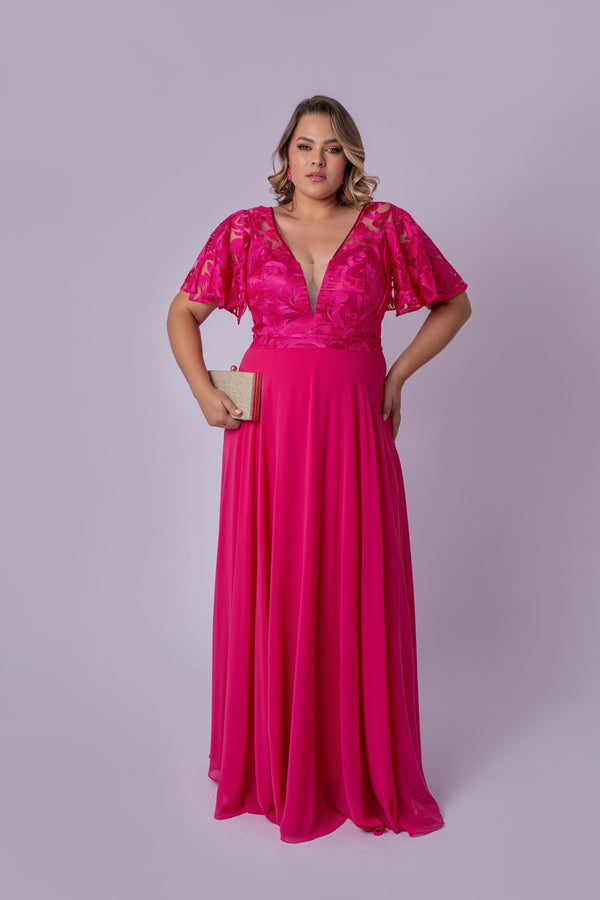 VESTIDO LONGO BORDADO NA MANGA PINK