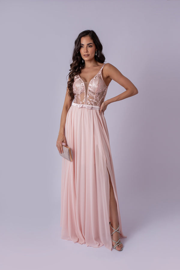 VESTIDO LONGO CHIFON CORPETE RENDA ROSE